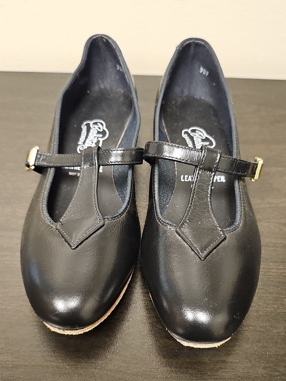 Barbettes Dancewear Black Leather T‑Bar Mary Jane Flats with Gold Buckle NIB